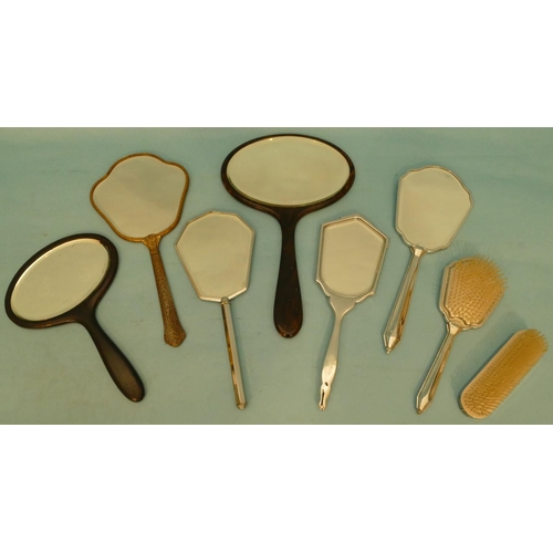 609 - A Green Enamelled Hand Mirror, 5 other hand mirrors and 2 brushes (8).