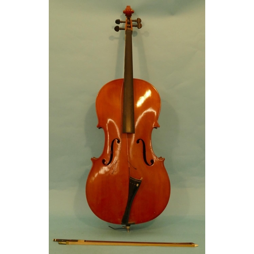 610 - A Cello with bow, back 76.5cm long.