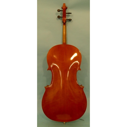 610 - A Cello with bow, back 76.5cm long.