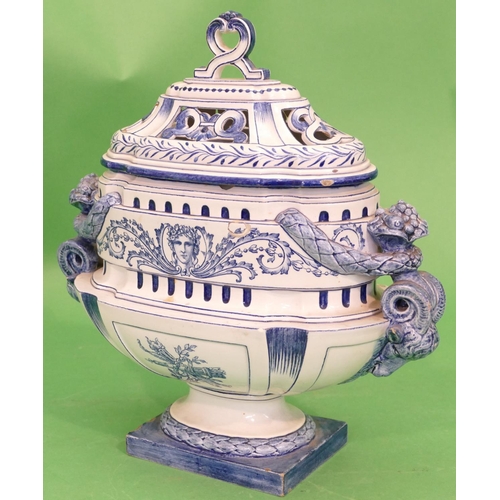 128 - G G & Co, Gin Glazed Majolica Oval Lidded Censer on blue and white ground with raised rams head, swa... 