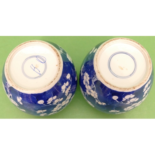 145 - A Pair of Oriental Blue and White Round Bulbous Shaped Lidded Ginger Jars having branch and blossom ... 