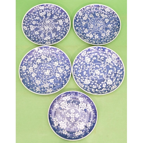 146 - A Set of 4 Oriental Blue and White Round Plates having branch and blossom decoration (2 chipped) 20c... 