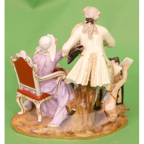 15 - A Meissen Group of seated elderly lady with gentleman and cupid standing next to open trunk (sword t... 