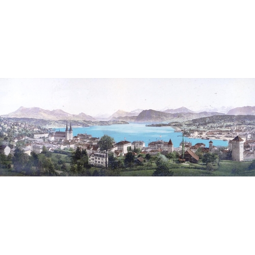 169 - A Coloured Panoramic Print depicting continental town in gilt frame, 18cm x 72cm.