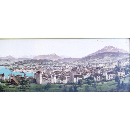 169 - A Coloured Panoramic Print depicting continental town in gilt frame, 18cm x 72cm.