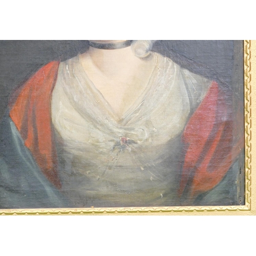 170 - An 18/19th Century Oil on Canvas shoulder length portrait of a lady with red shawl, unsigned, in gil... 