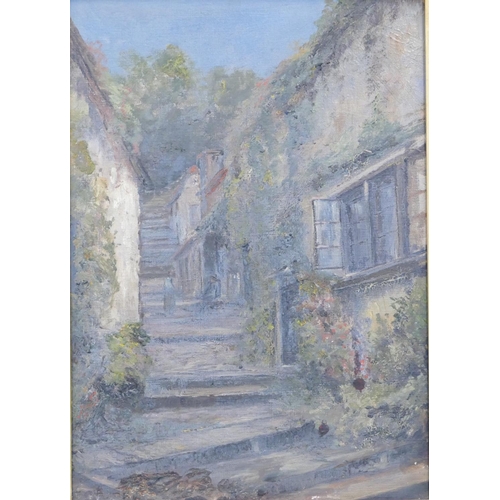 173 - An Oil on Board depicting steps through cottages, 