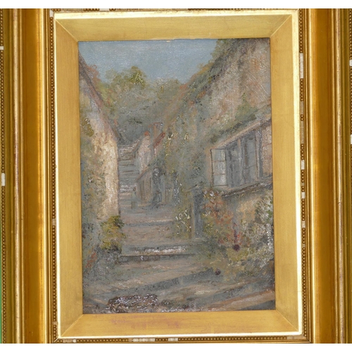 173 - An Oil on Board depicting steps through cottages, 