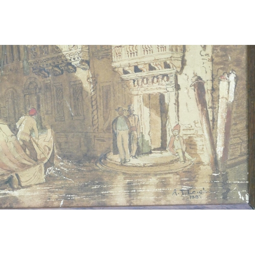 195 - A T Leigh, Venetian Watercolour depicting figures and boats outside building signed and dated 1887, ... 