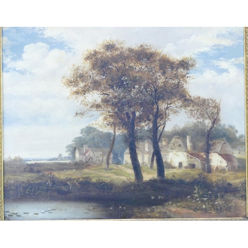 197 - RH Ladbrook, 19th Century Oil on Canvas depicting figure in rowing boat with farm buildings and tree... 