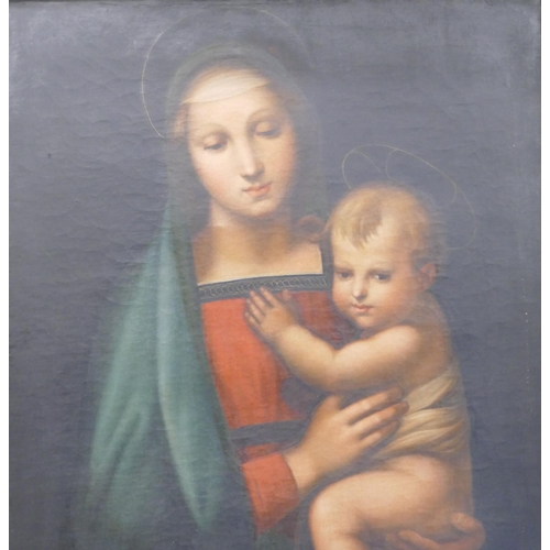 213 - A 19th Century Oil on Canvas after Raphael depicting Madonna and child, unsigned, in carved gilt woo... 