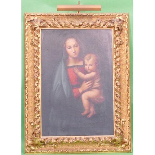 213 - A 19th Century Oil on Canvas after Raphael depicting Madonna and child, unsigned, in carved gilt woo... 