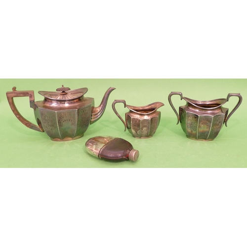 218 - A 3 Piece Oval Plated Tea Service having scallop shaped rims with all over engraved decoration, comp... 