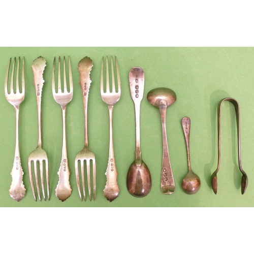 223 - A Set of 5 Chester Silver Small Forks, 3 silver salt and mustard spoons and a pair of silver small s... 