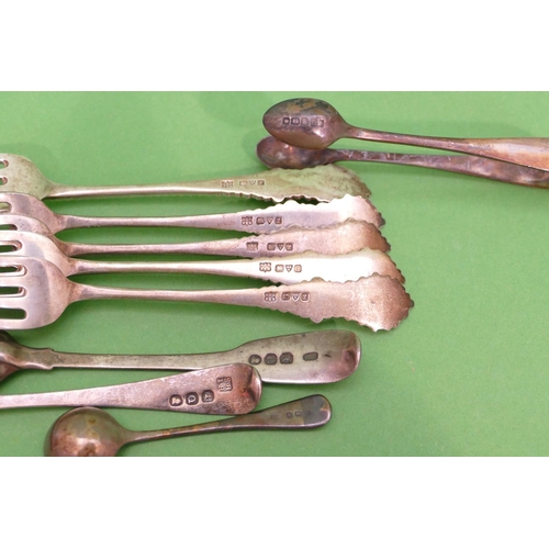 223 - A Set of 5 Chester Silver Small Forks, 3 silver salt and mustard spoons and a pair of silver small s... 