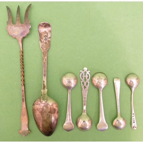 240 - A Sheffield Silver Pickle Fork, a Georgian silver teaspoon, a pair of Birmingham silver salt spoons ... 