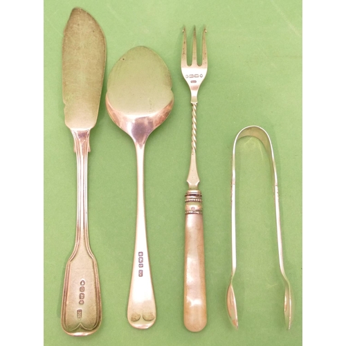 246 - A Victorian Silver Butter Knife, a Sheffield silver jam spoon, a pair of Sheffield silver tongs and ... 