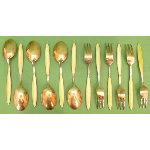 257 - A Set of 6 Norwegian J. Tostrup Sterling Silver Gilt Dessert Forks and spoons having yellow enamelle... 