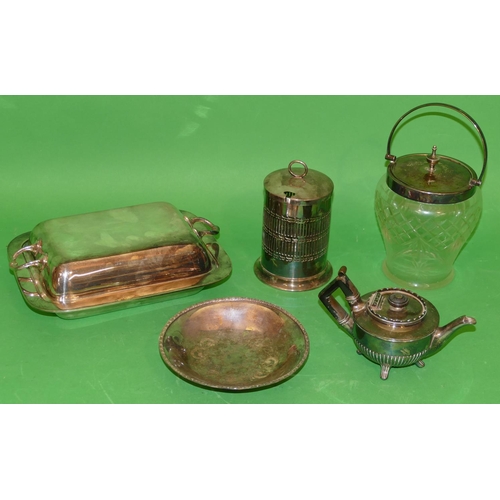 278 - A Cut Glass Round Silver Plated Biscuit Barrel having swing overhead handle and cover, a small plate... 