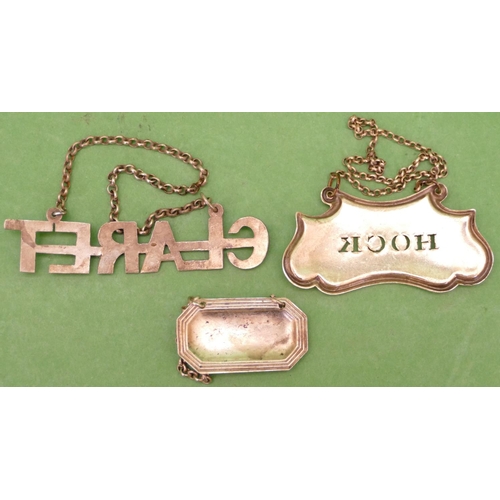 301 - A Claret Label with chain, a hock label with chain and a small Madeira label with chain (3).