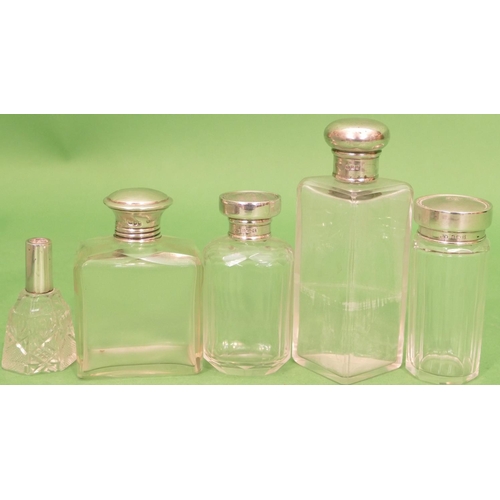 308 - 2 x Cut Glass Dressing Table Bottles having Birmingham silver tops, 2 other silver topped dressing t... 