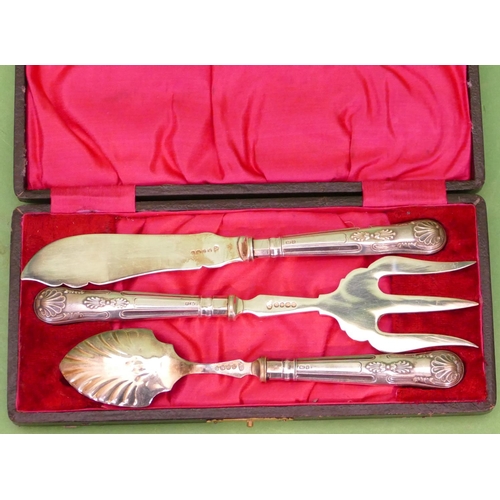 336 - A Set of 3 Sheffield Silver Handled Jam Spoon, butter knife and fork in fitted black leather case.