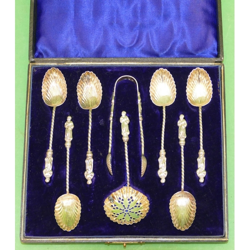 345 - A set of 6 Victorian Silver Apostle Teaspoons with shell shaped bowls having matching sugar sifter a... 