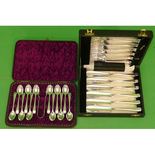 352 - A Set of 12 Silver Plated Teaspoons and matching sugar tongs in fitted black leather case, also a se... 