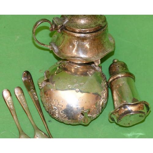 360 - A 3 Piece Birmingham Silver Condiment Set having round scallop shaped bases comprising lidded mustar... 