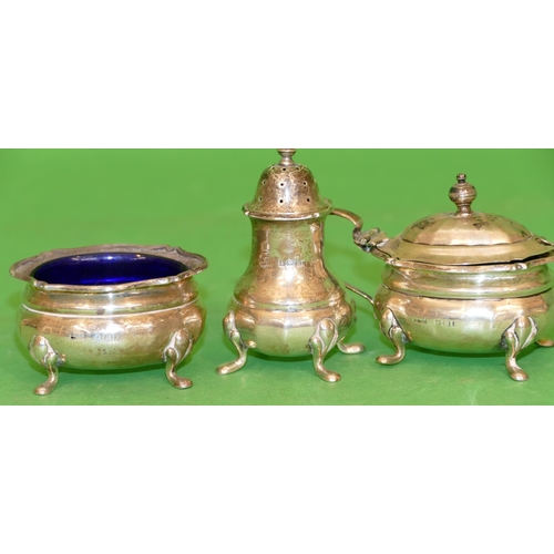 361 - A 3 Piece Birmingham Silver Bulbous Shaped Condiment Set on splayed feet comprising mustard pot havi... 