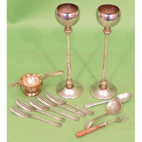 363 - A Pair of Continental Silver Plated Candlesticks having bulbous shaped bowls on thin stems with roun... 