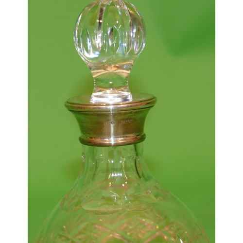 368 - A Heavy Cut Glass Round Bulbous Thin Necked Large Scent Bottle with stopper with Birmingham silver n... 