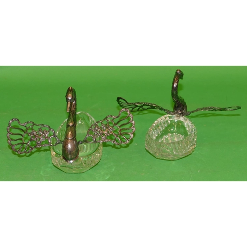 369 - A Pair of Cut Glass and a 925 Silver Sweet Meat Dishes in form of swans having hinged wings with emb... 