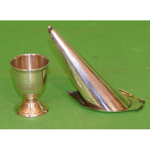 376 - A Chester Silver Conical Shaped Container, 13cm high, also a London silver round egg cup, 1.9oz (2).