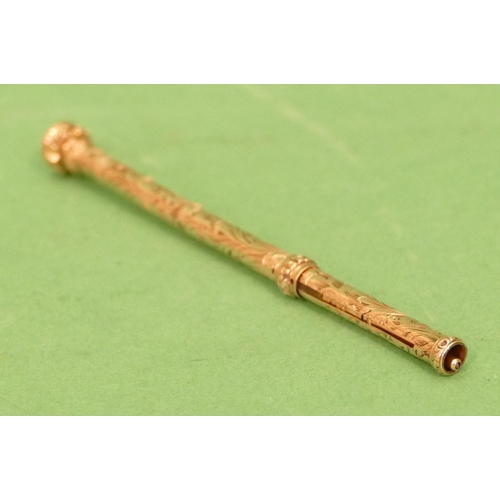 446 - S.Mordan & Co. Gold Cylindrical Slide Action Propelling Pencil with seal end depicting bird motif, 8... 