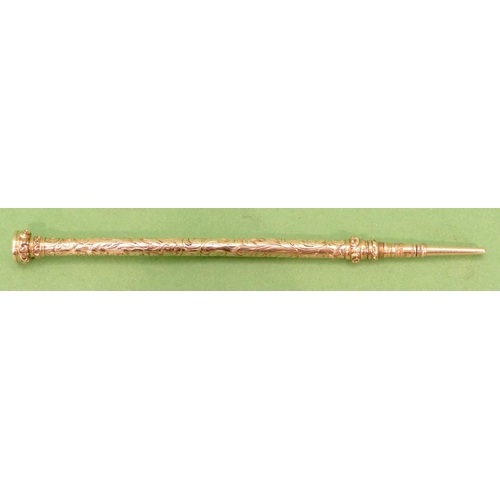 446 - S.Mordan & Co. Gold Cylindrical Slide Action Propelling Pencil with seal end depicting bird motif, 8... 