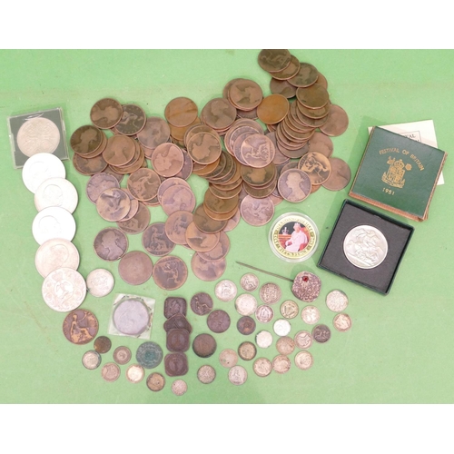 489 - A 1951 Festival of Britain Silver Crown, a 1903 Edward VII Penny and a small quantity of various oth... 