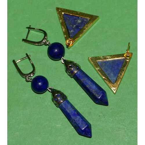 492 - A Pair Lapis Lazuli Drop Earrings, also another similar pair of lapis lazuli triangular shaped earri... 