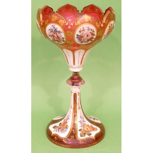 53 - A Bohemian Ruby Glass and Enamelled Round Bulbous Trumpet Shaped Vase having 8 oval hand painted pan... 