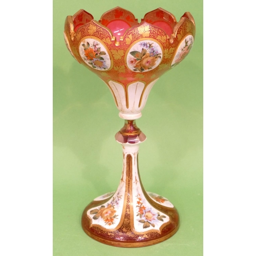 53 - A Bohemian Ruby Glass and Enamelled Round Bulbous Trumpet Shaped Vase having 8 oval hand painted pan... 