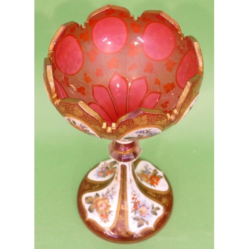 53 - A Bohemian Ruby Glass and Enamelled Round Bulbous Trumpet Shaped Vase having 8 oval hand painted pan... 