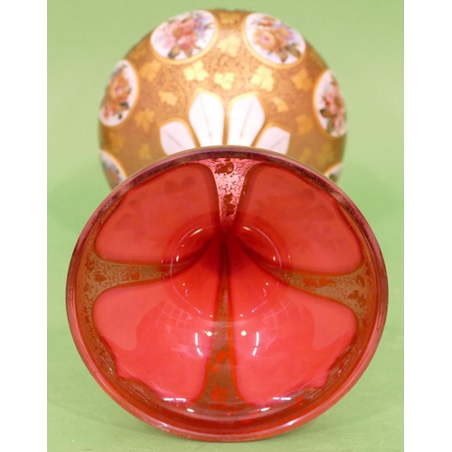 53 - A Bohemian Ruby Glass and Enamelled Round Bulbous Trumpet Shaped Vase having 8 oval hand painted pan... 