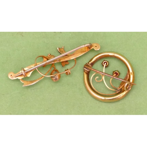 533 - A 9ct Gold Brooch set with pale blue stone and half pearls, also another 9ct gold circular brooch, o... 