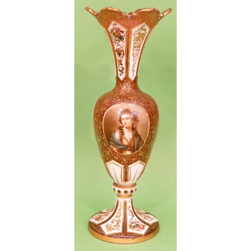 54 - A Bohemian Ruby and White Enamelled Round Bulbous Thin Necked Trumpet Shaped Vase having portrait an... 