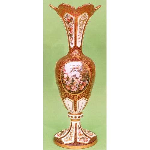 54 - A Bohemian Ruby and White Enamelled Round Bulbous Thin Necked Trumpet Shaped Vase having portrait an... 