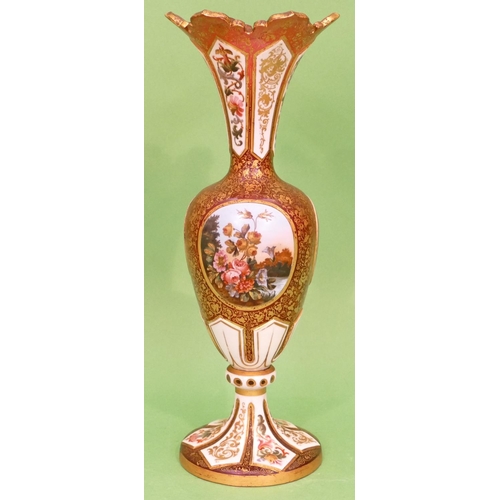 54 - A Bohemian Ruby and White Enamelled Round Bulbous Thin Necked Trumpet Shaped Vase having portrait an... 