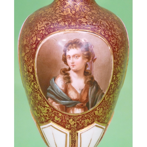 54 - A Bohemian Ruby and White Enamelled Round Bulbous Thin Necked Trumpet Shaped Vase having portrait an... 