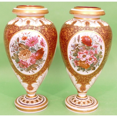 56 - A Pair of Bohemian Red Glass and White Enamelled Round Bulbous Thin Necked Vases having hand painted... 