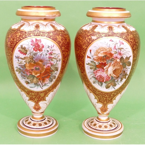 56 - A Pair of Bohemian Red Glass and White Enamelled Round Bulbous Thin Necked Vases having hand painted... 