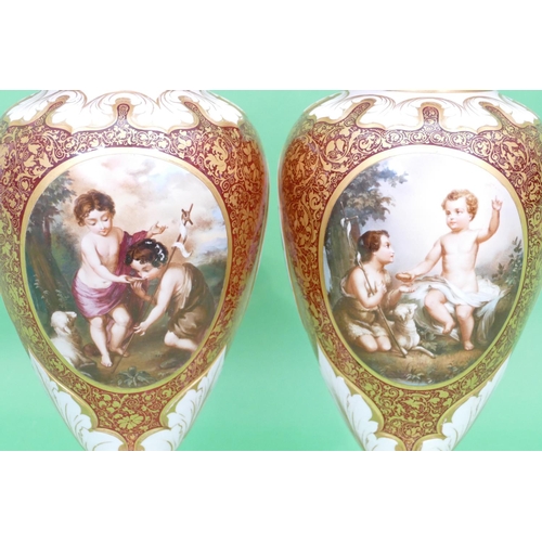 56 - A Pair of Bohemian Red Glass and White Enamelled Round Bulbous Thin Necked Vases having hand painted... 